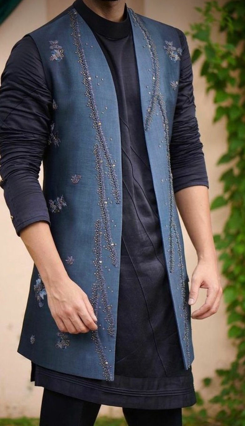 Mens Indian Latest Design for Blue Kurta Pajama Jacket Groom Wedding ...