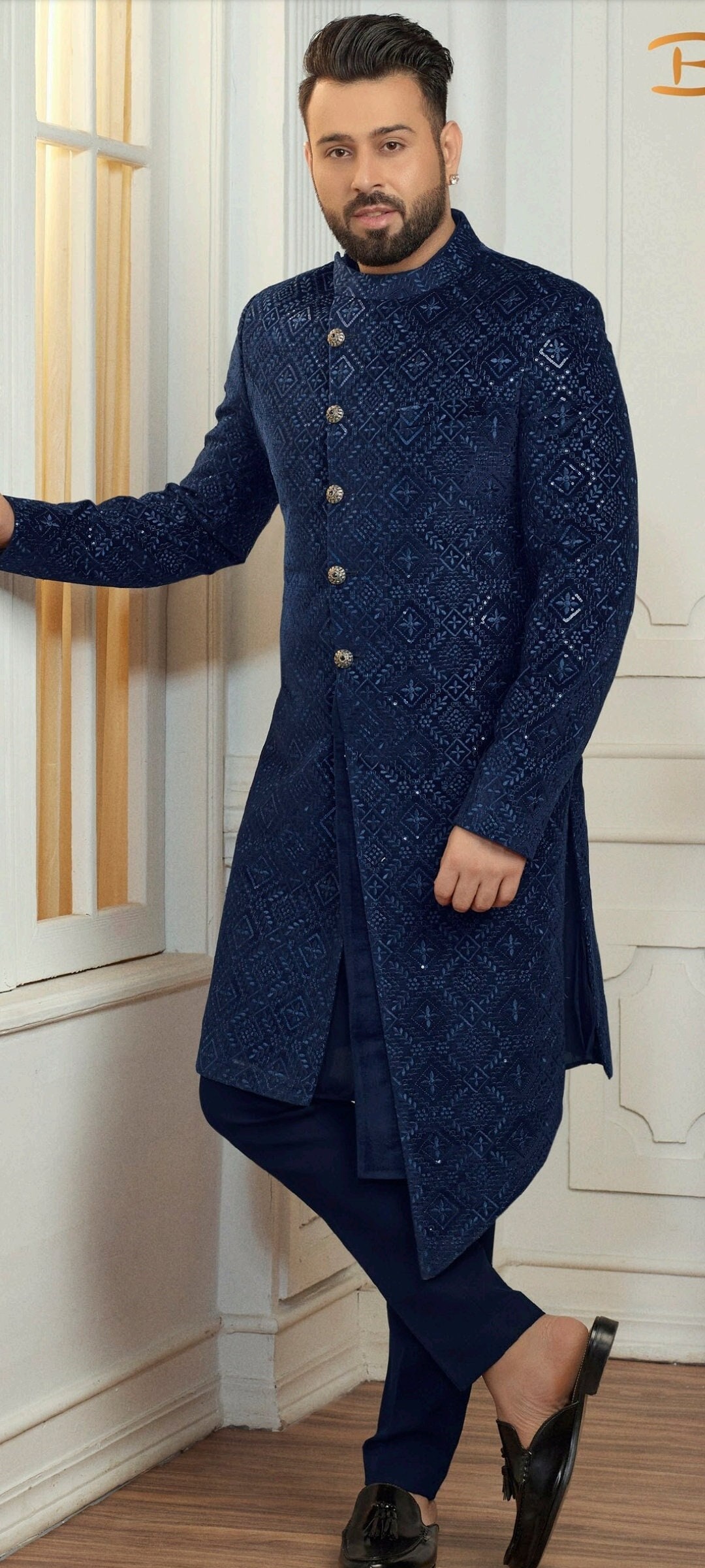 Buy Indian Suits Silk Navy Blue Men Sherwani MSTV0682