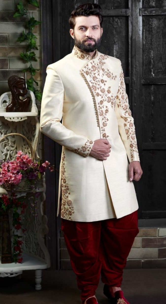 Mens Indian Latest Design For Cream Indo Western Sherwani Groom Wedding Party Wear Engagement Function Occasion Ethnic Dress
