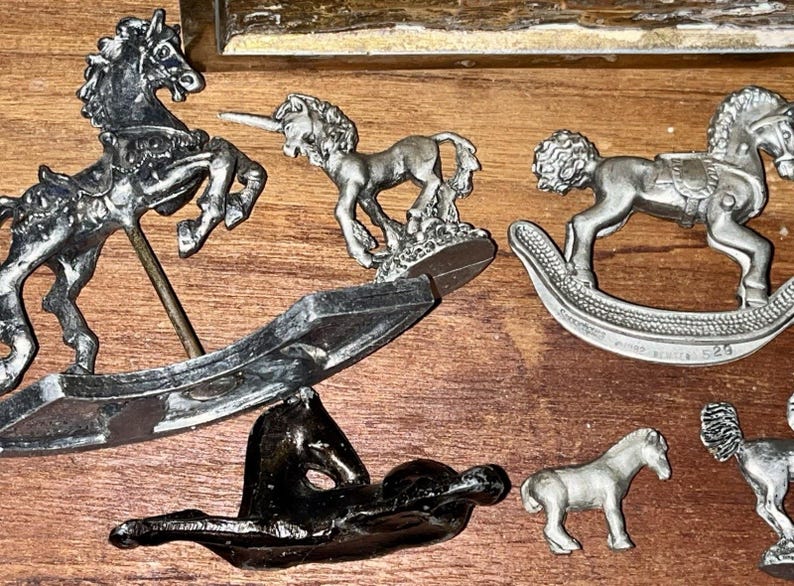 7 Antique Metal Pewter Figurines Horses Rocking Boat Goat Marked Signed ...