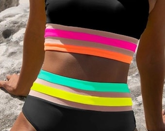 Popvil NWT Mesh Neon Black High-Waisted Bikini Two-Piece Swimsuit Tank Top Women