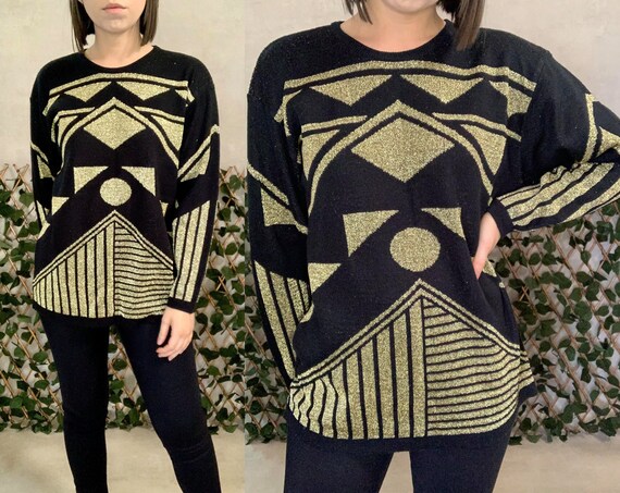 Vintage 80s 90s La Gender Lurex Black and Gold Kni