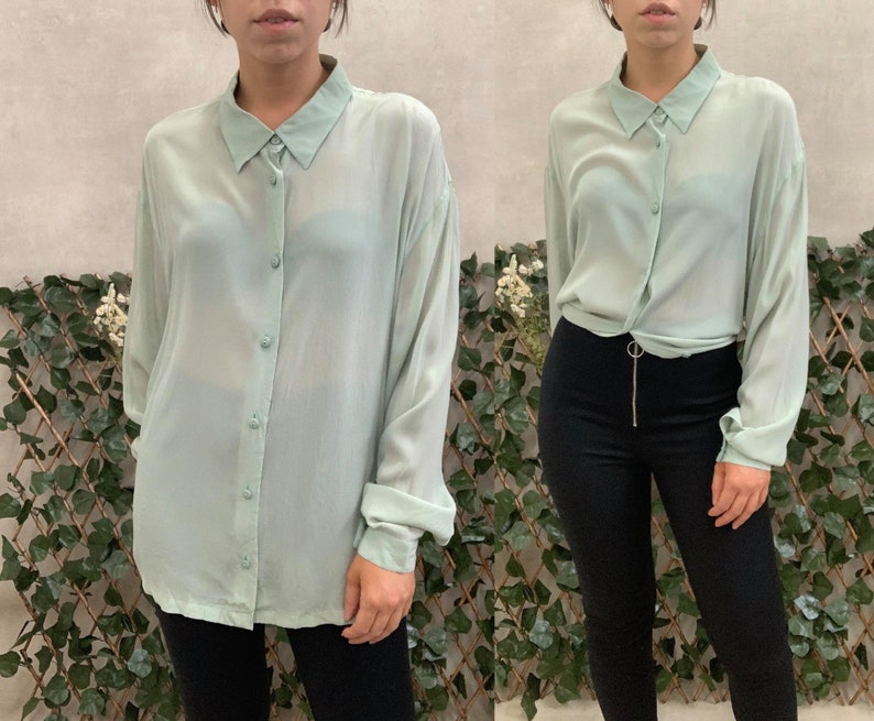 Vintage 80s 90s Perte by Krizia Mint Green Long Sleeve Blouse M