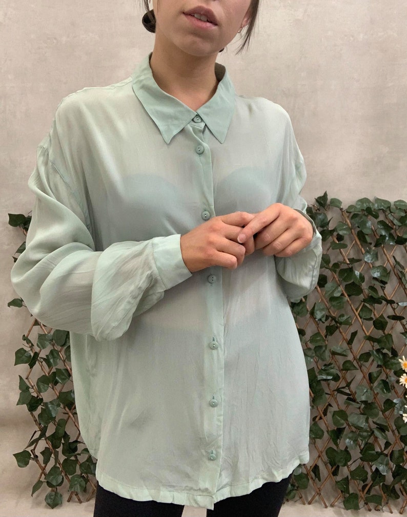 Vintage 80s 90s Perte by Krizia Mint Green Long Sleeve Blouse M