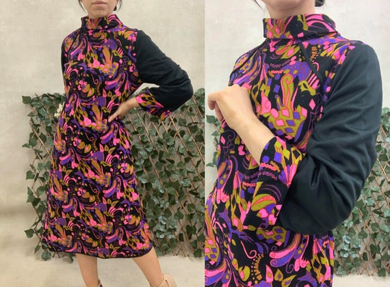 Vintage 60s 70s Style Groovy Pink Purple Dress (M)