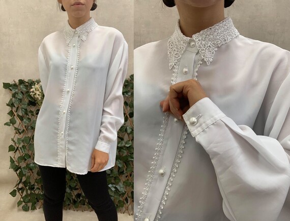 Vintage White Silk Blend Lace Collar Blouse (M/L)