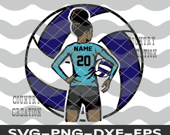 May include: A blue and white volleyball with a female volleyball player holding a volleyball. The player is wearing a blue jersey with the word "NAME" and the number "20" on the front.