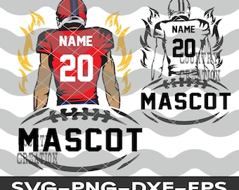 Könnte beinhalten: Eine rote und weiße Silhouette eines American-Football-Spielers mit Flammen dahinter. Der Spieler trägt ein Trikot mit der Nummer 20 und dem Wort "NAME" darauf. Der Spieler steht auf einem Football mit dem Wort "MASCOT" darauf.