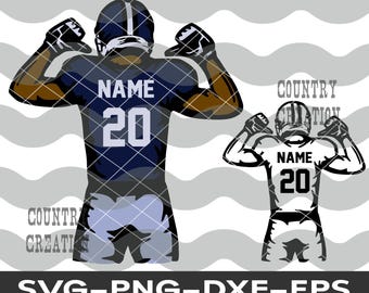 Könnte beinhalten: Eine schwarz-weiße Silhouette eines Footballspielers mit dem Text "NAME 20" auf dem Trikot. Der Spieler ist in einer Siegespose mit erhobenen Armen. Das Bild ist auf einem weißen und grauen, wellenförmigen Hintergrund.