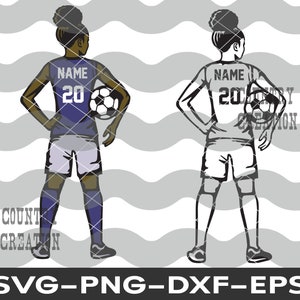 Jogador de futebol feminino em camadas personalizável SVG, gol de futebol feminino, svg de futebol, camiseta de mãe de futebol Afro puff rabo de cavalo Jersey Sports Cricut, PNG