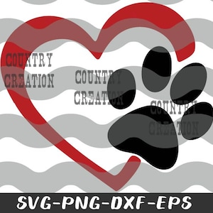 May include: A graphic design featuring a red heart shape overlaying a black paw print. The words "COUNTRY CREATION" are printed in gray within the heart and paw print. The background has a wavy pattern in gray and white.
