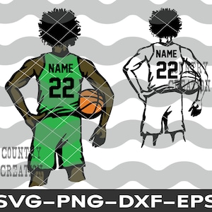 May include: A digital illustration of a basketball player in a green uniform with the number 22 and the word "NAME". The player is holding a basketball. The image includes the text "SVG-PNG-DXF-EPS".