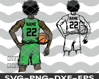 May include: A digital illustration of a basketball player in a green uniform with the number 22 and the word "NAME". The player is holding a basketball. The image includes the text "SVG-PNG-DXF-EPS".