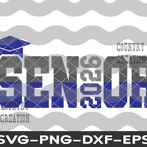 May include: A blue and gray graduation design with the word "Senior" and the year "2023" in a bold font. The design includes a graduation cap and the text "Country Creation".