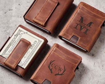 Cartera de cuero personalizada con clip para billetes: Tarjetero RFID desplegable con grabado personalizado