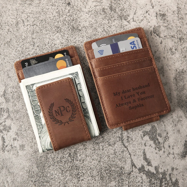 Personalized Groomsman Gift RFID Money Clip Genuine Leather Wallet Boyfriend Fathers Day Gifts for Men Custom Gifts for Him image 1