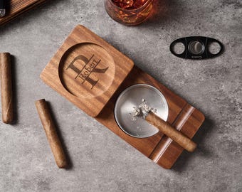 Engraved Wooden Cigar Ashtray with Whiskey Glass Slot – Custom Men’s Gift for Father’s Day, Birthday, Christmas, Retirement