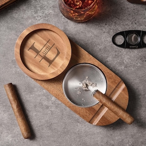 Personalized Cigar Ashtray with Drink Holder – Handmade Wooden Engraved Gift for Him, Anniversary, Birthday, Groomsmen, Father’s Day