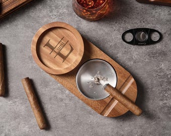 Personalized Cigar Ashtray with Drink Holder – Handmade Wooden Engraved Gift for Him, Anniversary, Birthday, Groomsmen, Father’s Day