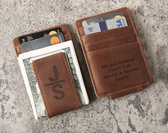 Personalized Leather Magnetic Money Clip Wallet: Engraved Slim Design