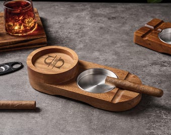 Engraved Wooden Cigar Ashtray with Whiskey Glass Holder – Custom Gift for Husband, Dad, Boyfriend, Retirement or Christmas