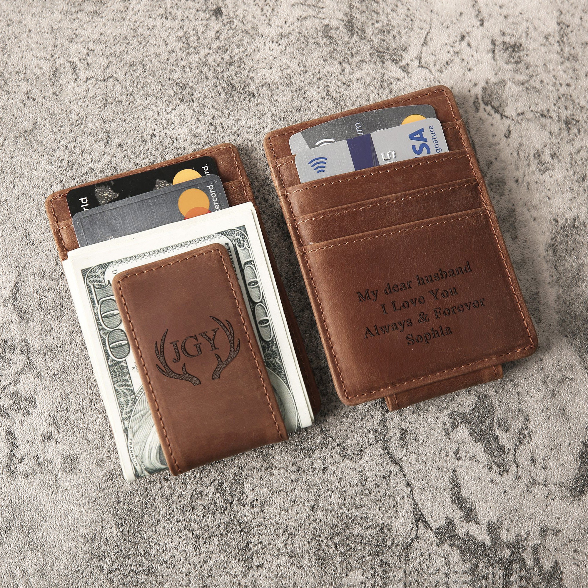 Men's Leather Slim Wallet + Money Clip Handwriting Inside + Front