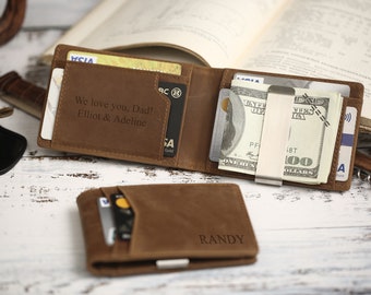 Cartera de cuero RFID personalizada, cartera de cuero genuino grabada personalizada, regalo de aniversario para él, esposo, novio, hombres, padre, papá
