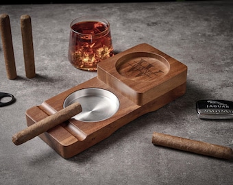 Personalized Wooden Cigar Ashtray with Whiskey Glass Holder – Engraved Gift for Him, Father’s Day, Birthday, Anniversary, Groomsmen