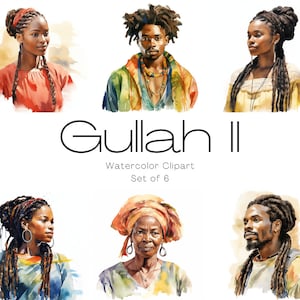 May include: Watercolour clipart set of six portraits of people with dreadlocks. The portraits are in a variety of colours, including red, yellow, green, and blue. The title "Gullah II" is written in black text below the portraits.