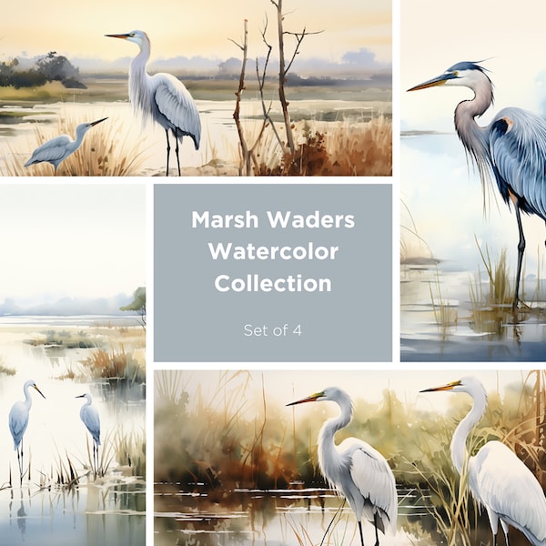 Marsh Waders Watercolor Collection - Blue Heron - Egret - Watercolor Art Set, Lowcountry - Marsh - Coastal Birds