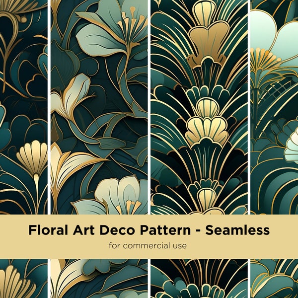 Floral Art Deco Pattern, 1920s Digital Paper, Seamless Background, Art Deco Digital Paper, for Commercial Use, Jade and Gold