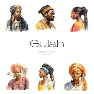 May include: Watercolour clipart set of six illustrations depicting Gullah people wearing traditional headwraps and clothing. The illustrations are in a vibrant colour palette of orange, yellow, blue, and red.
