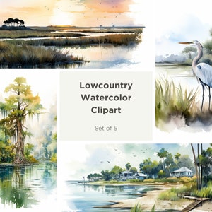 Clipart acquerello Lowcountry, Clipart Marsh - Clipart acquerello - Hilton Head Island - Scene Lowcountry - Palude salata - Scenario acquerello
