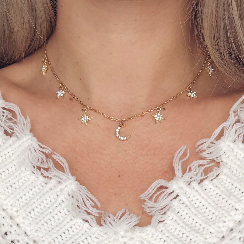 baddie fashion star necklace 90s style gold crescent moon necklace iced out celestial Star charm necklace sailor moon style
