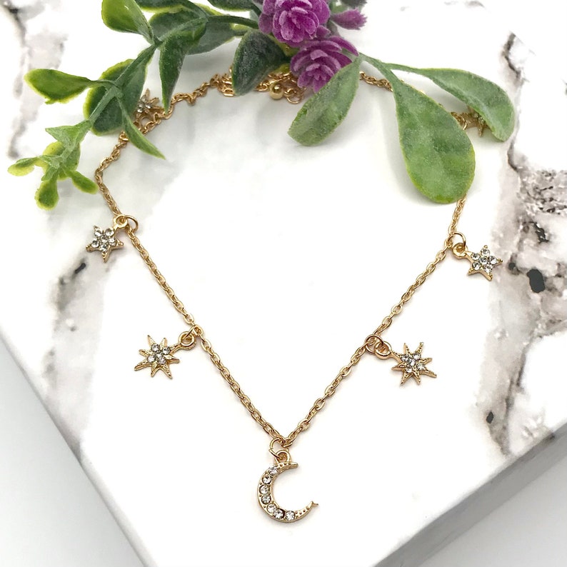 baddie fashion star necklace 90s style gold crescent moon necklace iced out celestial Star charm necklace sailor moon style