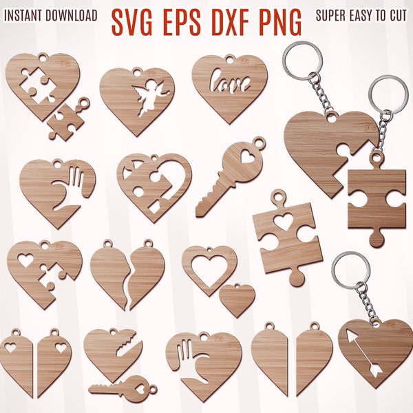 Valentines Keychain Svg Bundle, Couple Keychain Svg, Glowforge Svg File, Hearts Valentines SVG, Puzzle Keychain Svg, Wooden Keychain