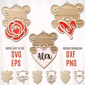 Personalized Teddy Bear With Heart Svg, Valentine Teddy Bear Svg, Valentine Svg Bundle, Cute Bear Svg, Love Dxf Laser File, Herats Love Tags