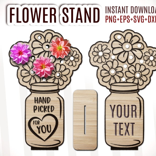 Cadeau fête des mères au laser SVG, fichier SVG pour porte-fleurs, bouquet de fleurs en bois, support pour fleurs avec support, fichier de découpe laser Glowforge SVG