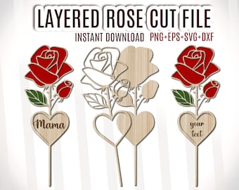 Rose SVG, Layered Rose Laser Cut File, Flower Laser Cut File, Wood Rose with Name, Valentine Flower Cut File