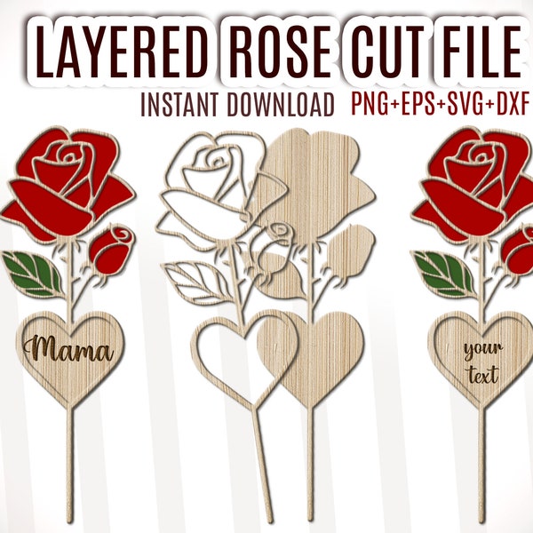 Rose SVG, Layered Rose Laser Cut File, Flower Laser Cut File, Wood Rose with Name, Valentine Flower Cut File