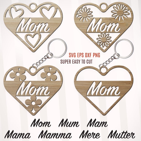 Mother's Day Keychain Svg Bundle, Mother’s Day Gift svg, Happy Mothers Day Svg, Mama Heart Svg, Mom Svg, Wooden Keychain Dxf, Laser Cut File