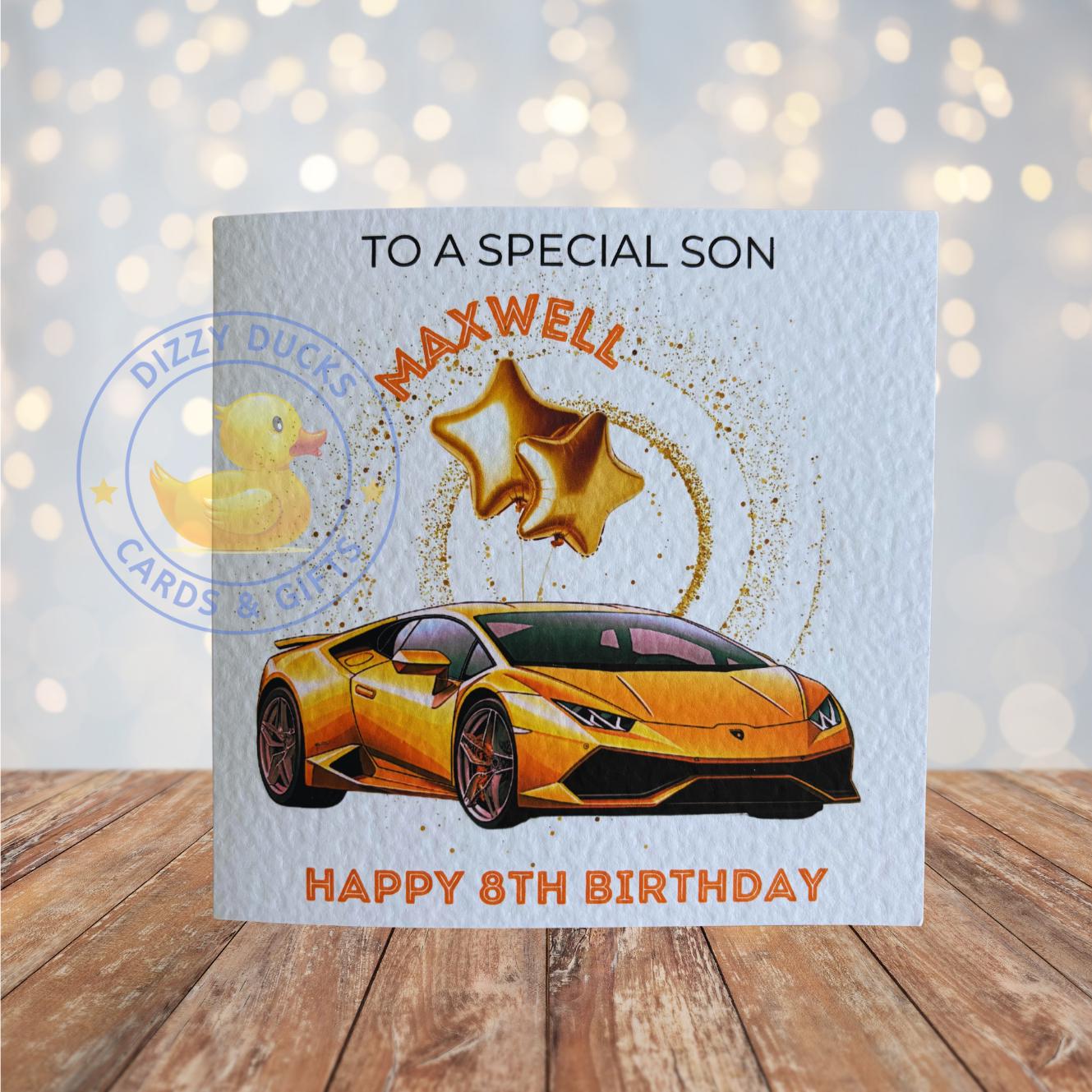 Personalised Orange Lamborghini Car Gold Star Balloons Happy
