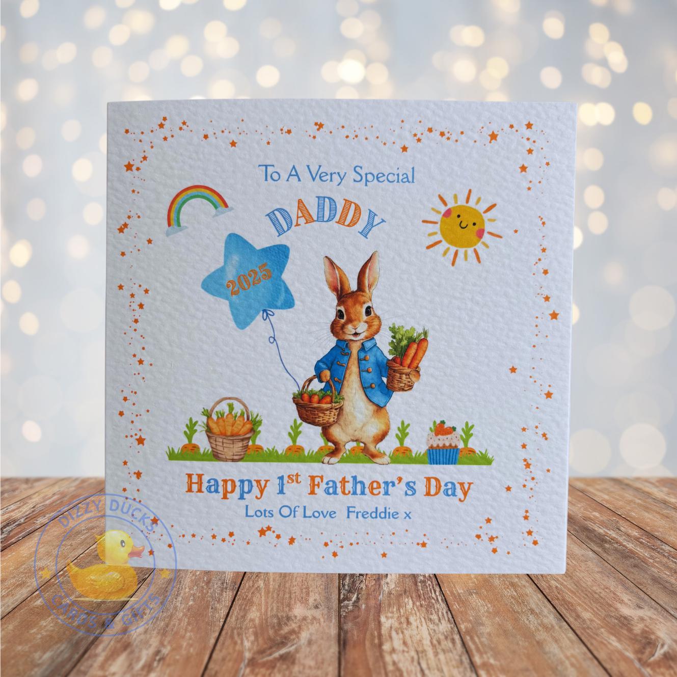 Personalised Daddy Dad Happy 1st Father's Happy Father's Day Card Peter Rabbit Carrot Garden Any Names