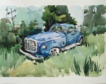 Peinture de voiture rétro Aquarelle Art original Vieille voiture Illustration environ 8" par 12" par Natalia Uhryn