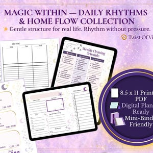 Può includere: Planner digitale con il testo "MAGIC WITHIN - DAILY RHYTHMS & HOME FLOW COLLECTION". L'immagine mostra un programma di pulizia settimanale, pagine di pianificazione giornaliera e un calendario. Il planner misura 21,6 x 27,9 cm ed è pronto per un mini-raccoglitore.
