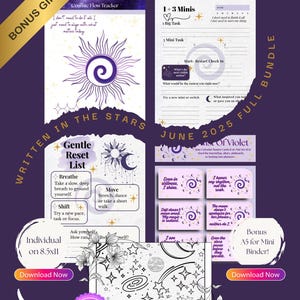 Pacchetto bonus celeste di giugno 2025: mantra stampabili, pagine da colorare, mini carte di affermazione / Twist of Violet Spiritual Planner PDF digitale