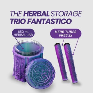 May include: A purple and teal gradient herbal storage set featuring an 850 ml herbal jar with a textured lid and two matching herb tubes. The text reads THE HERBAL STORAGE TRIO FANTASTICO, 850 ml HERBAL JAR, and HERB TUBES FREE 2x.