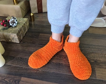 Crochet house Slippers orange color, gift for woman. Gift for her.