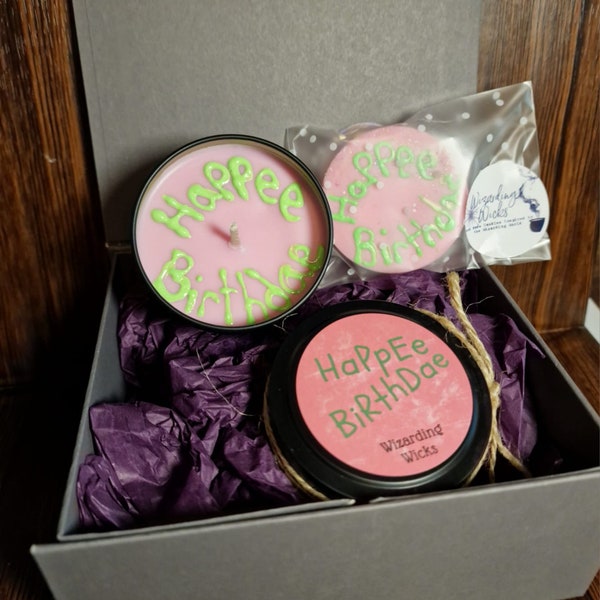 Happy Birthday Cake Inspired Blackberry & Rhubarb Scented magical witch wizard Themed Candle melt and gift box