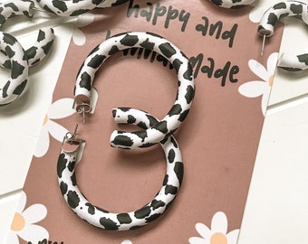 Cow Print Hoops / Cow Girl Earrings / Southwestern Jewelry / Black and White Polymer Clay Accessories / Hypoallergenic Hoop Earrings